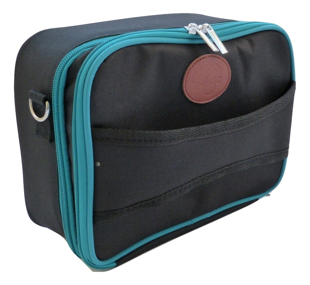 Black travel case with teal trim